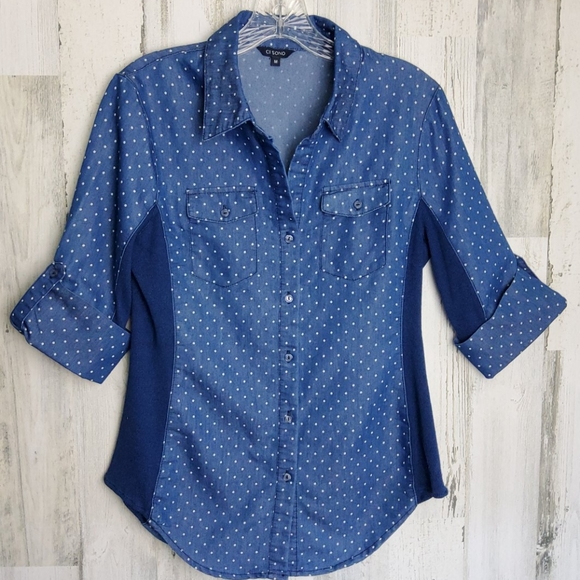 Ci Sono Tops - Ci Sono chambray and polka dot blouse